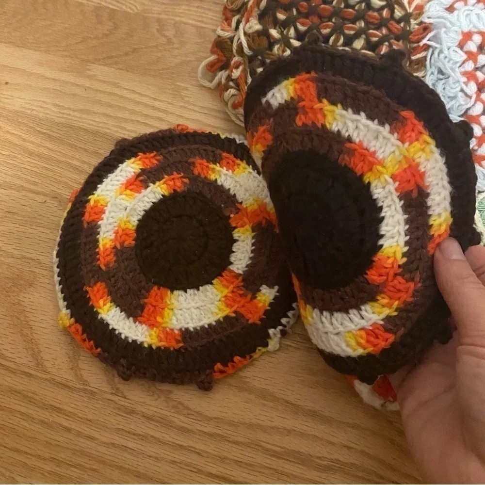 Vintage Pot Holder Bundle Lot MCM Cat Sunflower Flower Crochet Knit Colorful
